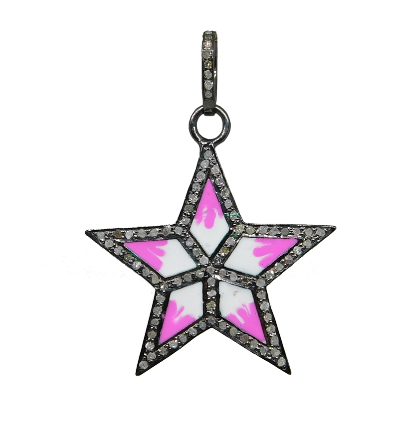 Sterling Silver Handmade Pave Diamond Star Enamel Pendant