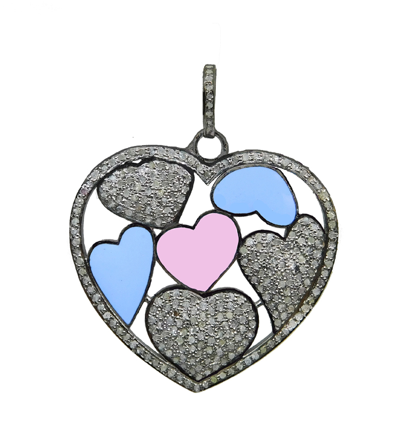 Beautifully Designed Pave Diamond Heart Pendant With Turquoise and Pink Enamel