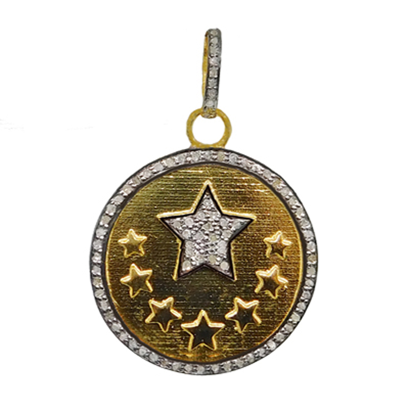 925 Sterling Silver Natural Pave Diamond Round Stars Pendant