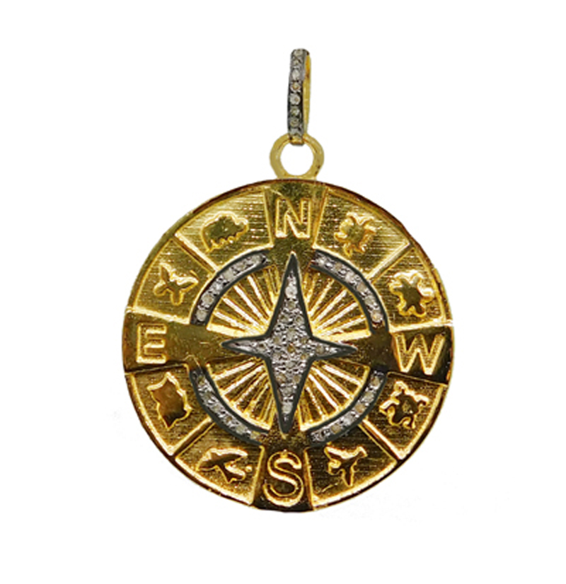 Round 925 Sterling Silver Handmade Pave Diamond Designer Compass Pendant