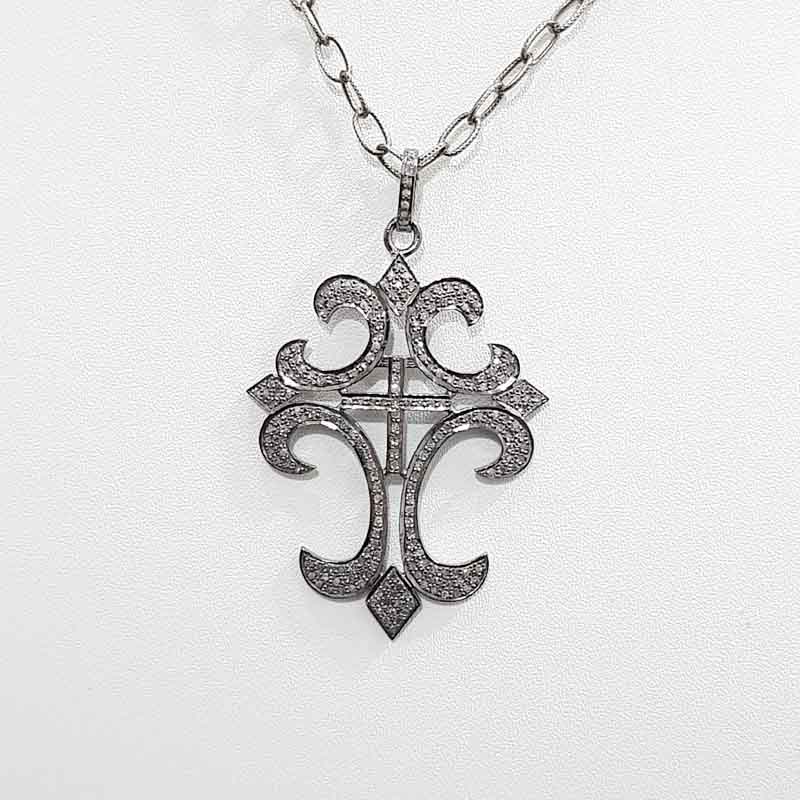 925 Solid Sterling Silver Handmade Pave Diamond Fancy Cross Pendant