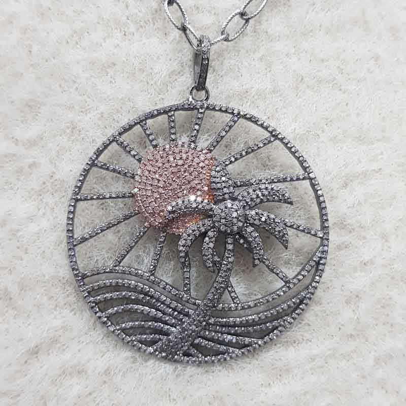 925 Sterling Silver Rose Gold Sun & Coconut Tree Beach Style Unique Pendent