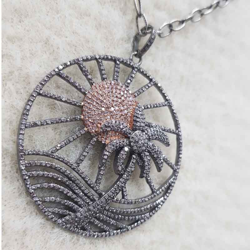 925 Sterling Silver Rose Gold Sun & Coconut Tree Beach Style Unique Pendent