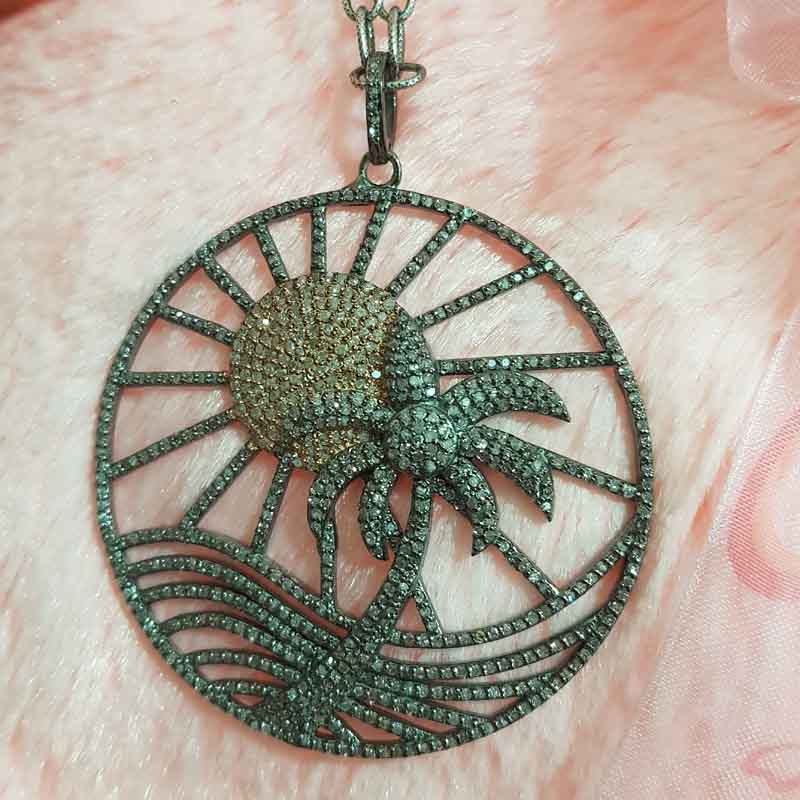 925 Sterling Silver Rose Gold Sun & Coconut Tree Beach Style Unique Pendent