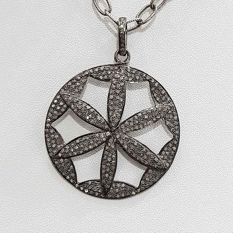 Flower Style Round Designer pave Diamond Silver pendent