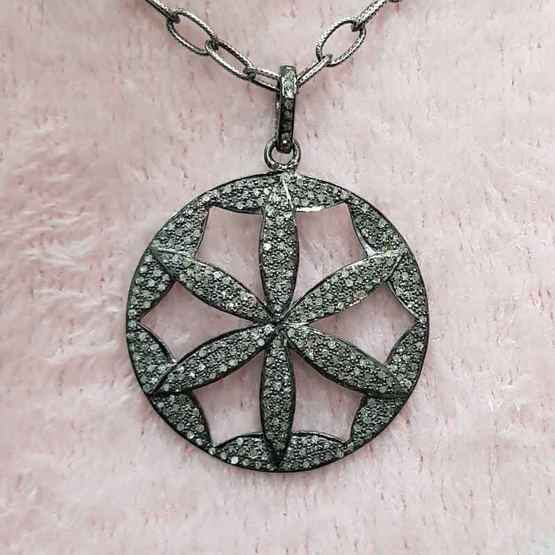 Flower Style Round Designer pave Diamond Silver pendent