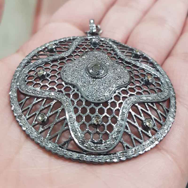 Round Designer Natural Pave Diamond Fancy Pendent