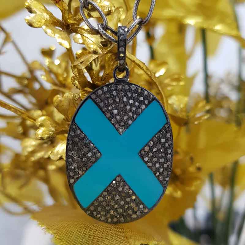 Turquoise Enamel Handmade Designer Pave Diamond Cross Pendent