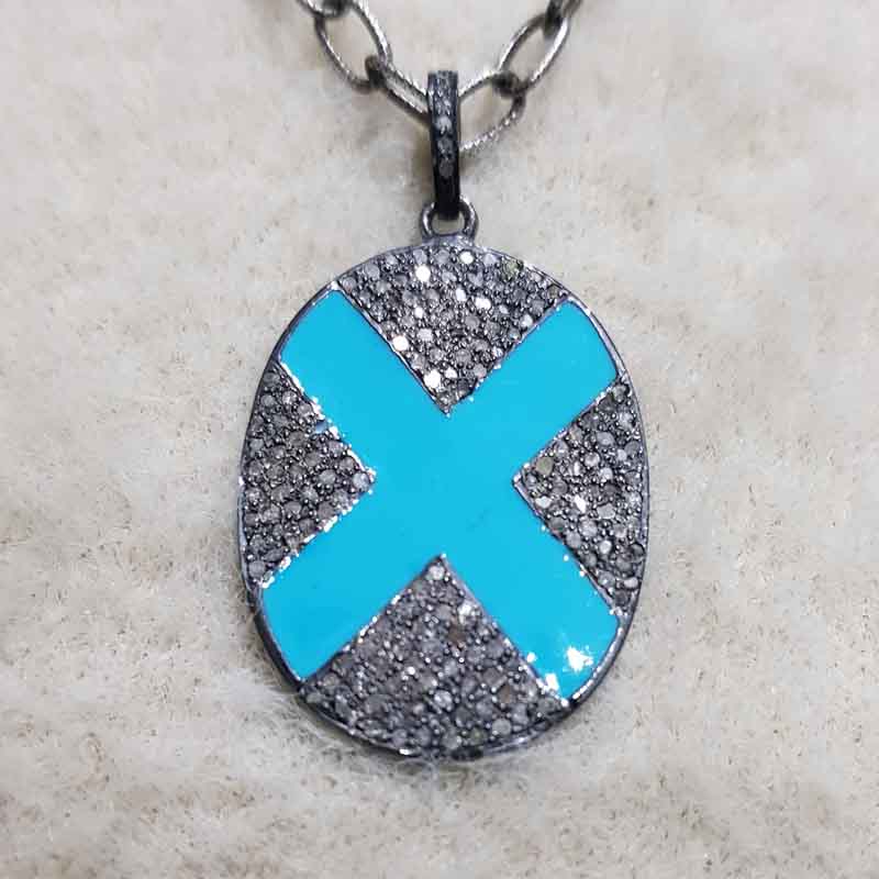 Turquoise Enamel Handmade Designer Pave Diamond Cross Pendent