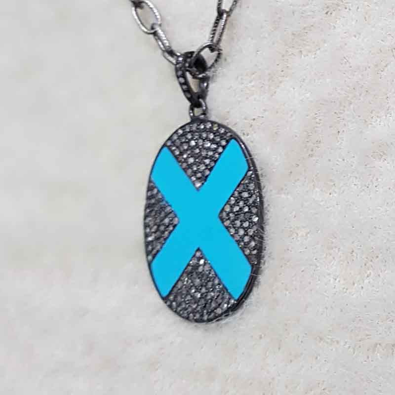 Turquoise Enamel Handmade Designer Pave Diamond Cross Pendent