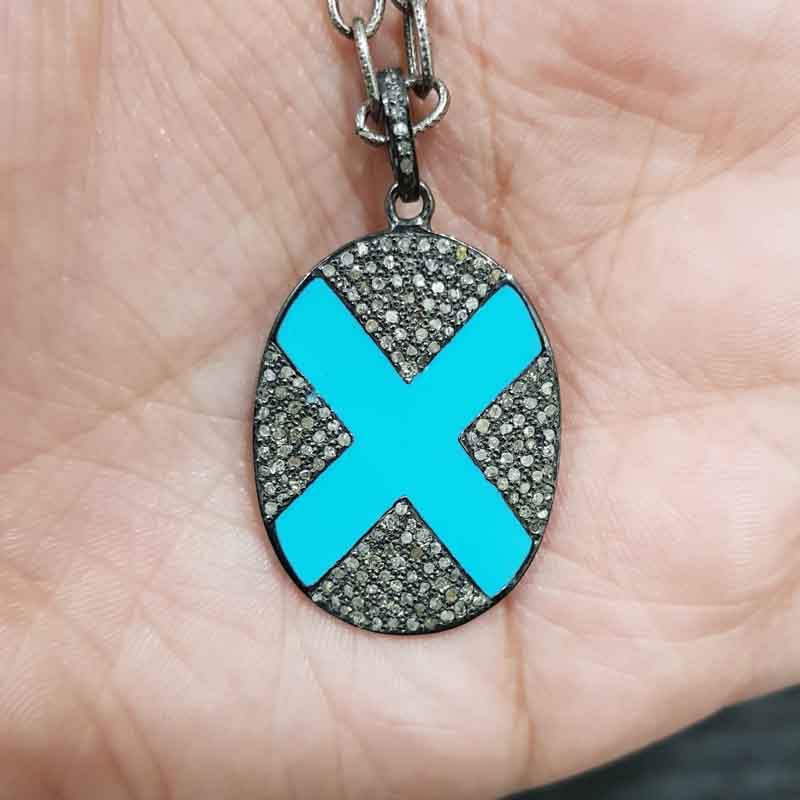 Turquoise Enamel Handmade Designer Pave Diamond Cross Pendent