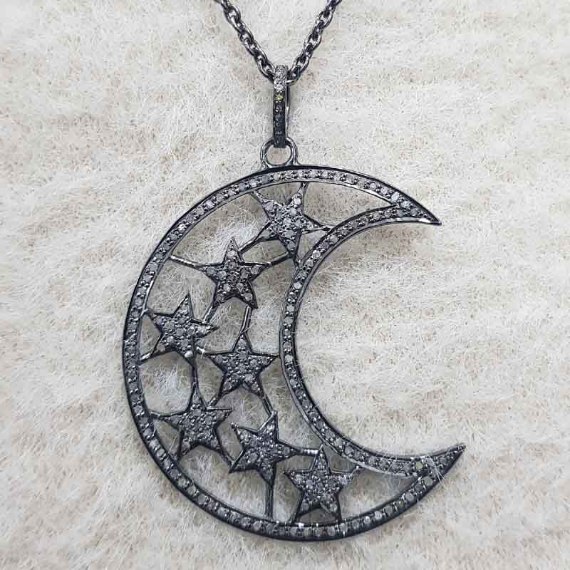 925 Sterling Silver Pave Diamond Moon Star Pendent