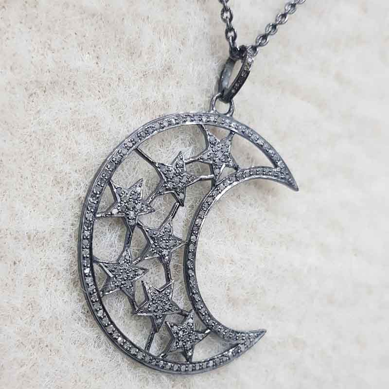 925 Sterling Silver Pave Diamond Moon Star Pendent