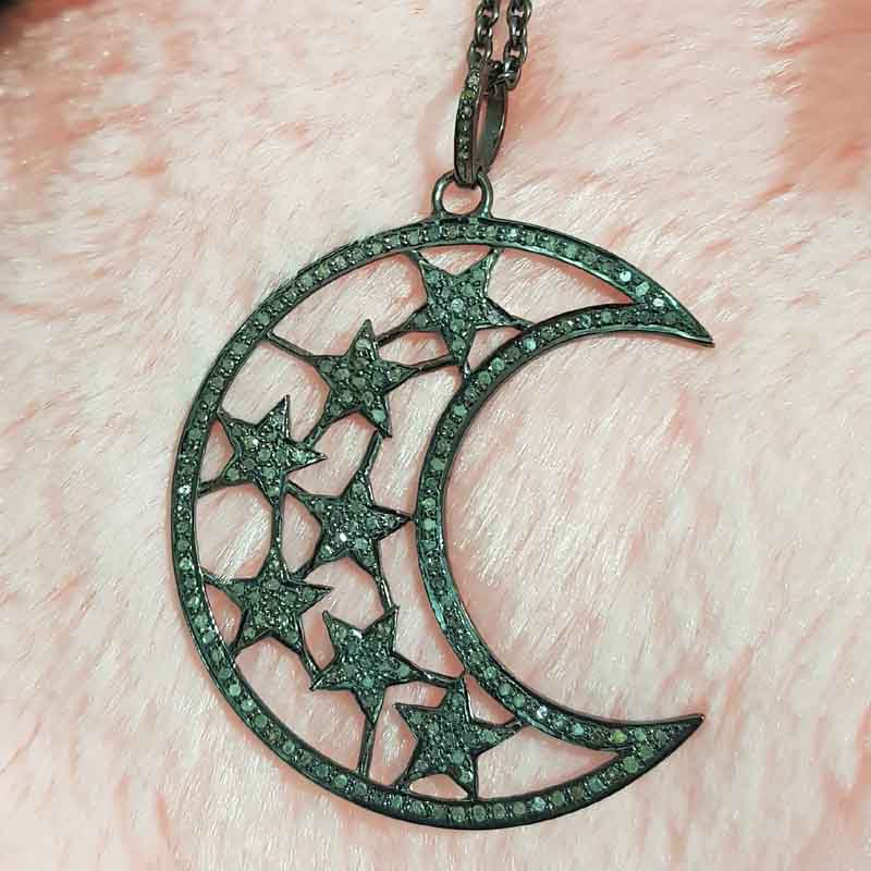 925 Sterling Silver Pave Diamond Moon Star Pendent