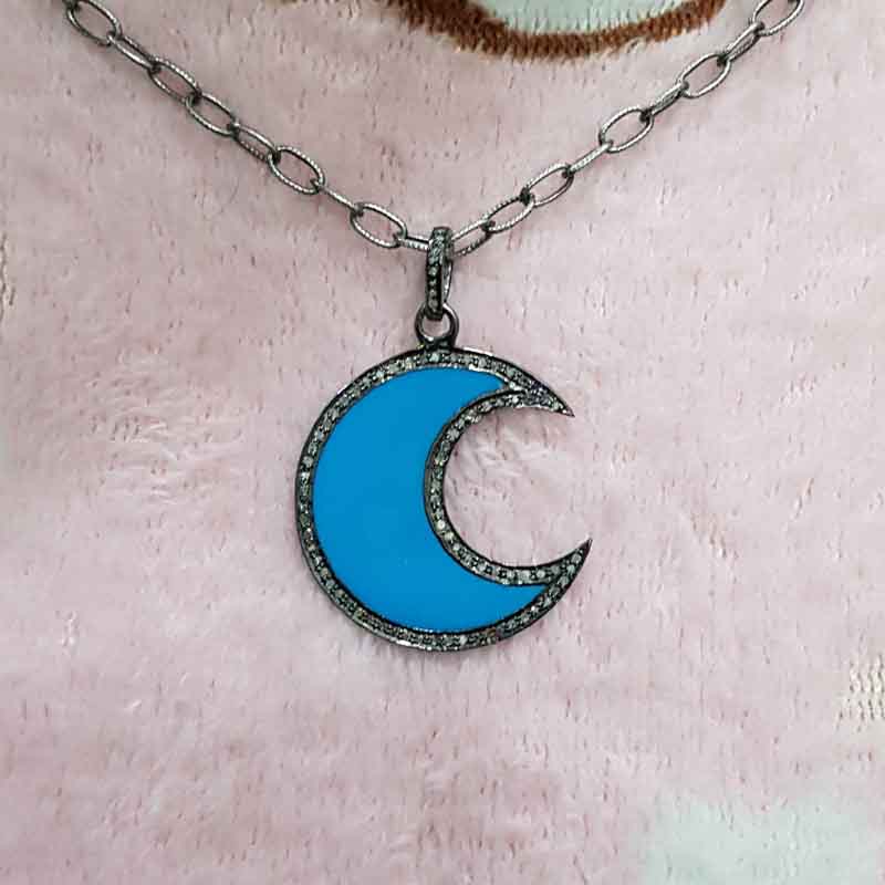 Beautifully Designed Turquoise Enamel Moon Pendent