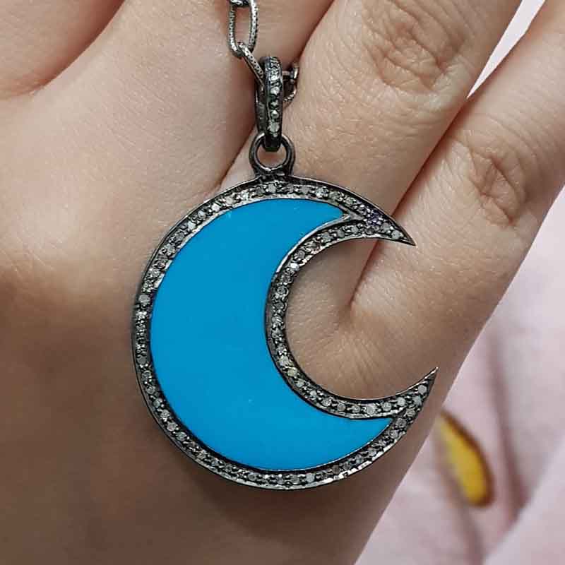 Beautifully Designed Turquoise Enamel Moon Pendent