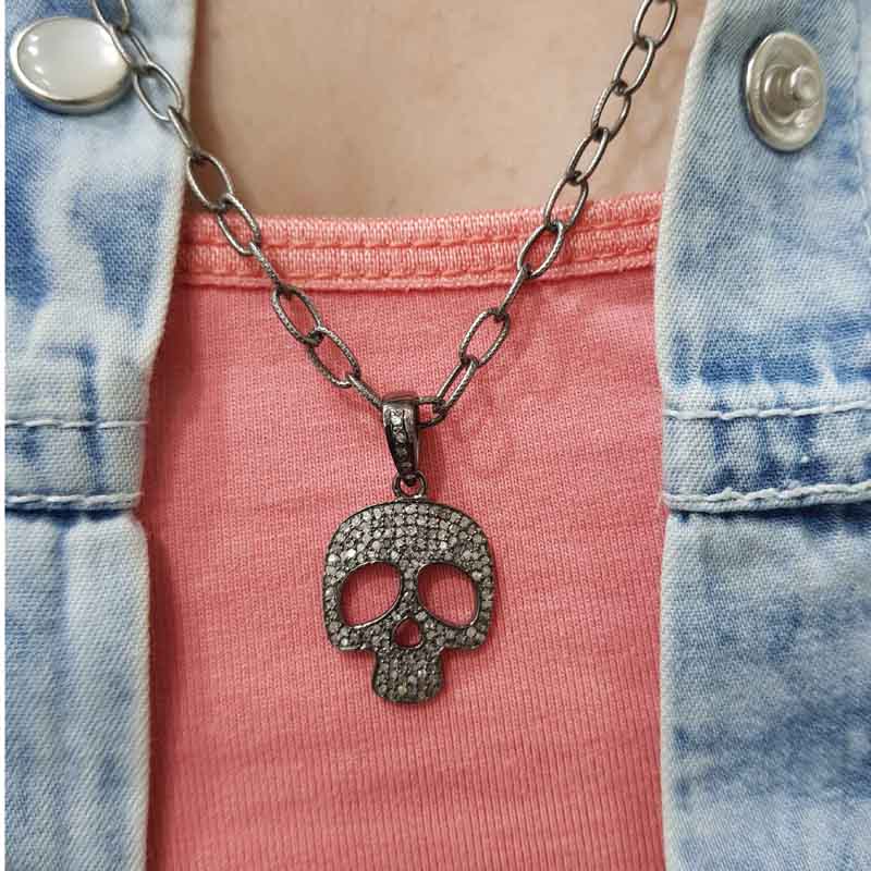 925 Sterling Silver Pave Diamond Skull Pendent