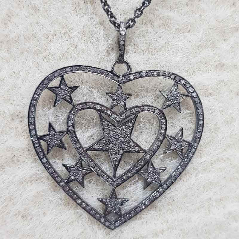 Stylish Heart Pendent With Stars And Pave Diamond Layers