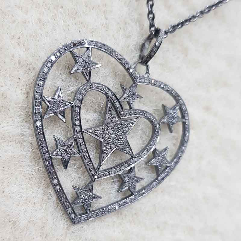 Stylish Heart Pendent With Stars And Pave Diamond Layers