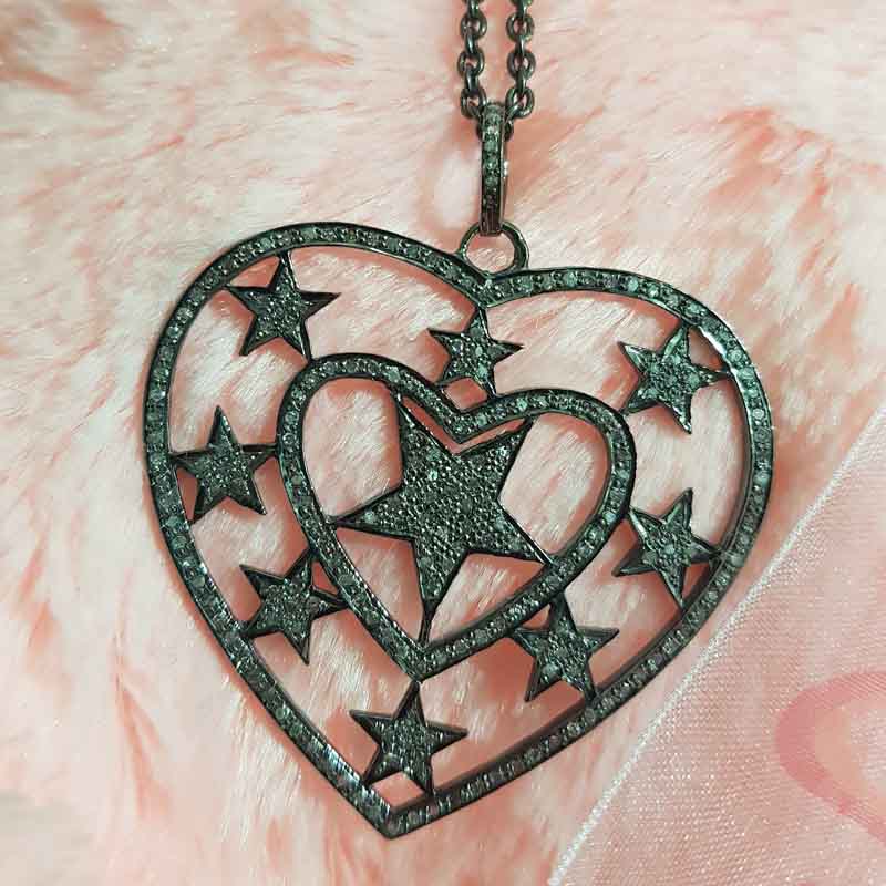 Stylish Heart Pendent With Stars And Pave Diamond Layers