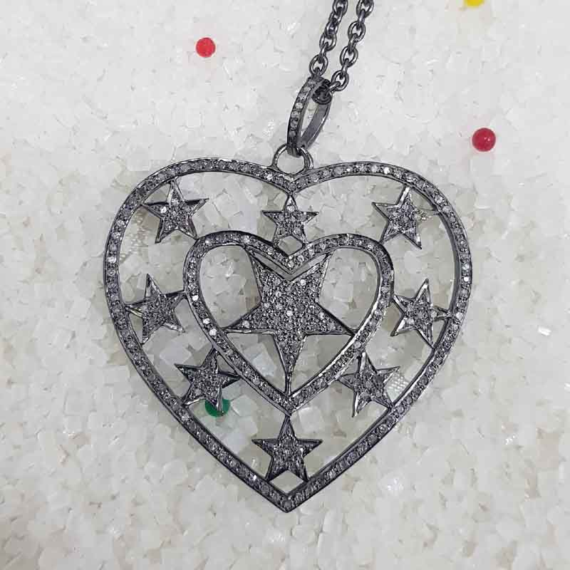 Stylish Heart Pendent With Stars And Pave Diamond Layers