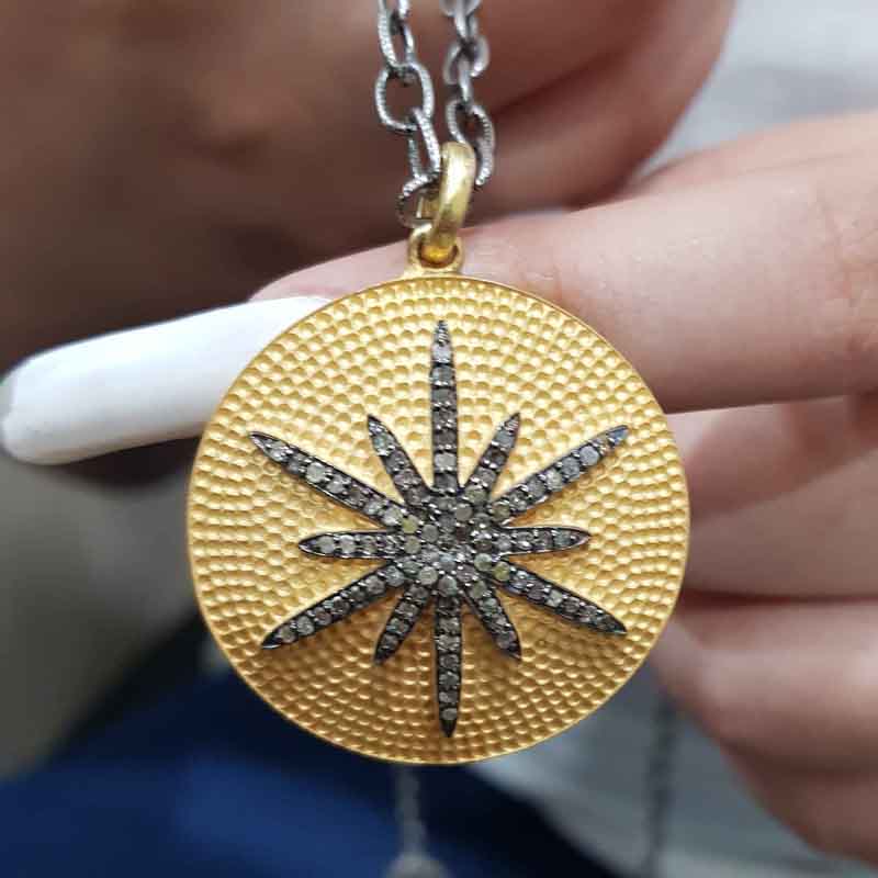 Round Disk 925 Sterling Silver Yellow Matte Finish Sunburst Pendent