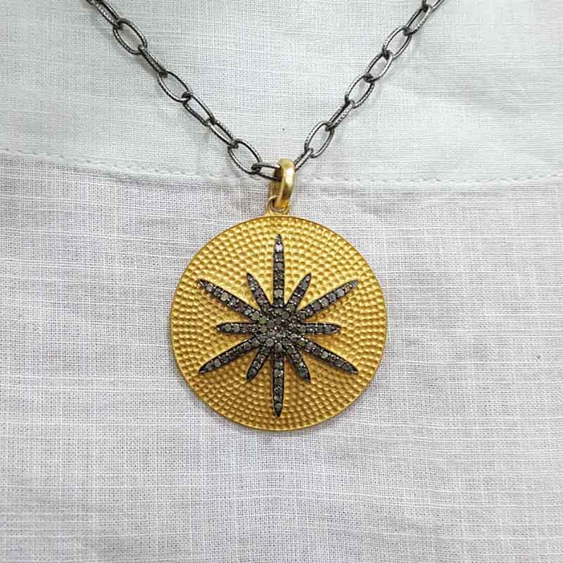 Round Disk 925 Sterling Silver Yellow Matte Finish Sunburst Pendent