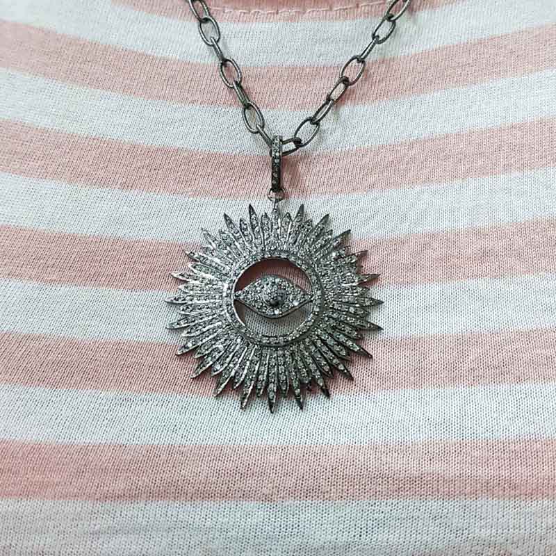 Stylish Fully Pave Diamond Evil Eye Sunburst Pendent