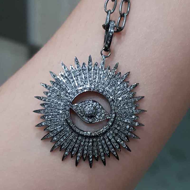 Stylish Fully Pave Diamond Evil Eye Sunburst Pendent