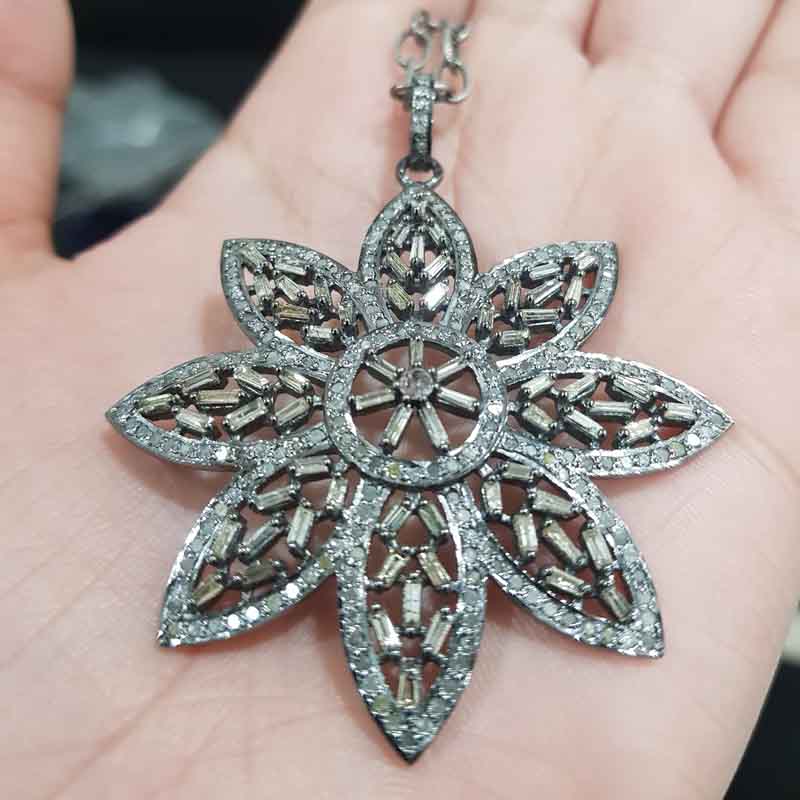 Natural Pave Diamond And Baguette Flower Pendent