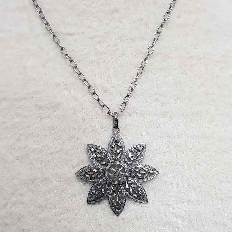 Natural Pave Diamond And Baguette Flower Pendent