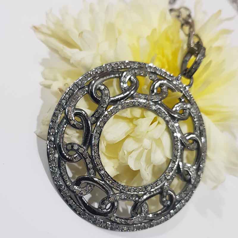 Chain Style Fancy Designer Pave Diamond Silver Pendent