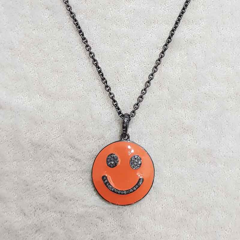 Natural Pave Diamond Emoji Pendent With Orange Enamel