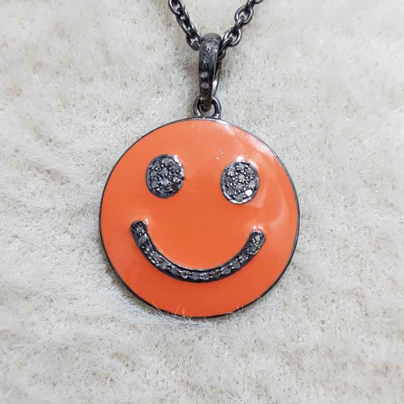 Natural Pave Diamond Emoji Pendent With Orange Enamel