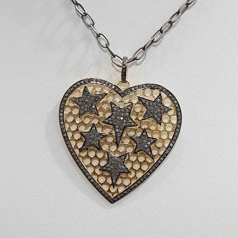 Yellow & Black Small Star on Heart Pendent With pave Diamond