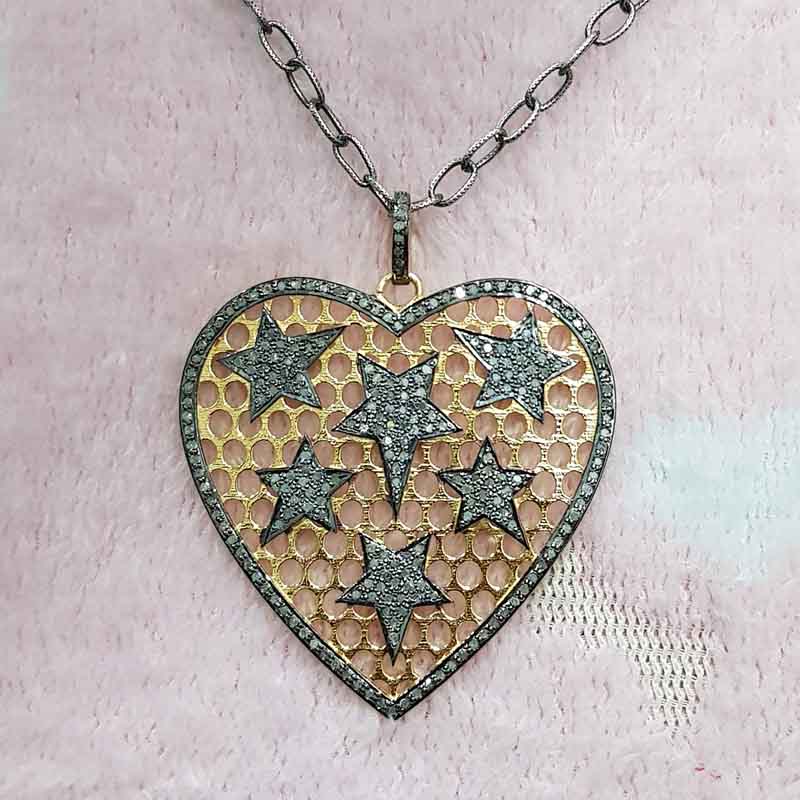 Yellow & Black Small Star on Heart Pendent With pave Diamond