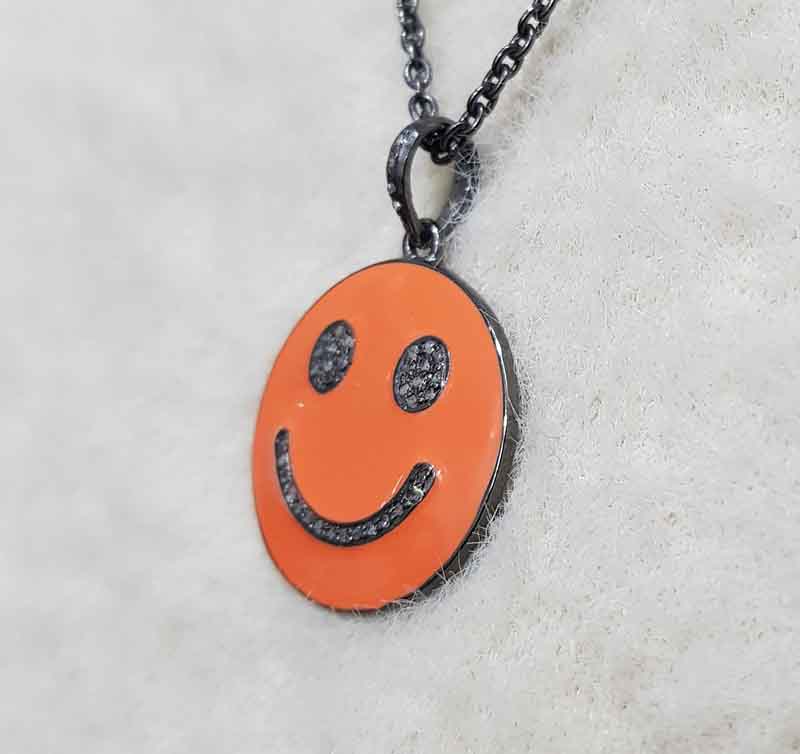 Natural Pave Diamond Emoji Pendent With Orange Enamel