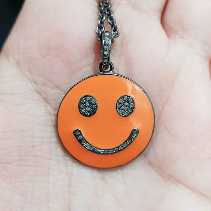 Natural Pave Diamond Emoji Pendent With Orange Enamel