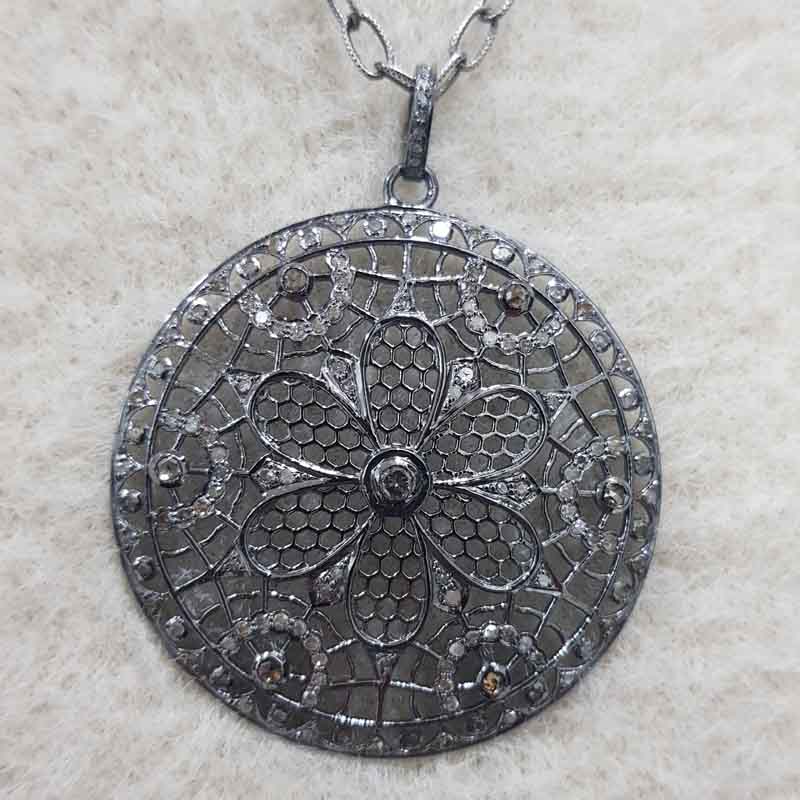 Handmade Designer Pave Diamond Flower Style Round Pendent