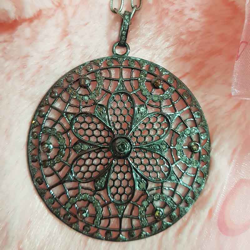 Handmade Designer Pave Diamond Flower Style Round Pendent