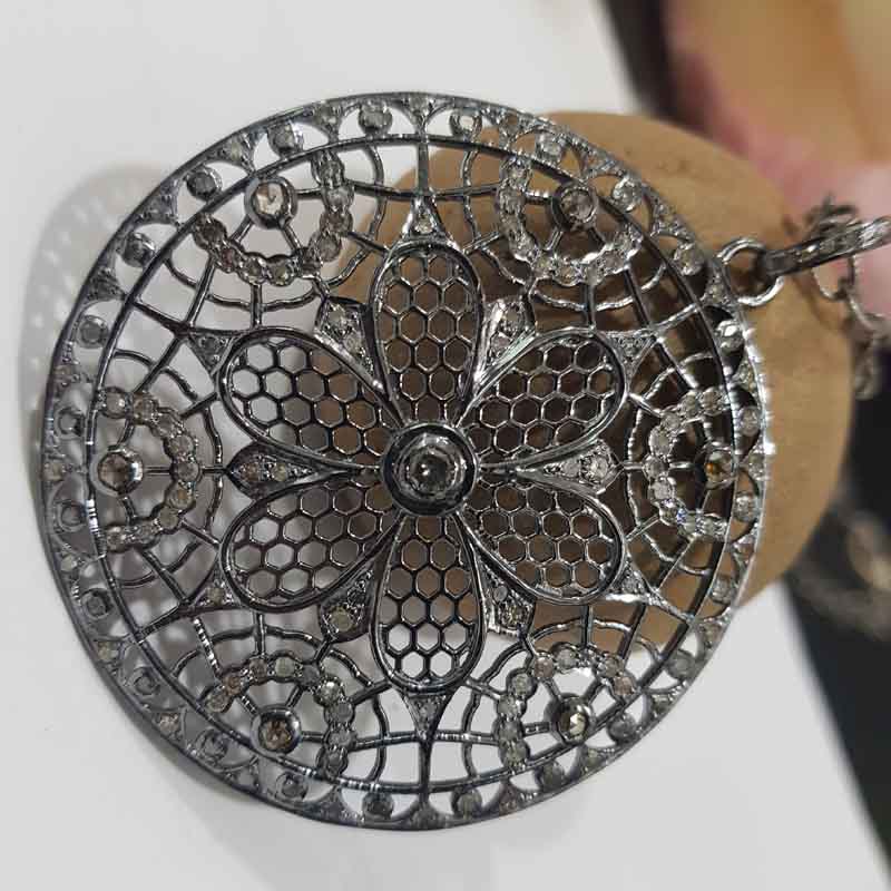 Handmade Designer Pave Diamond Flower Style Round Pendent