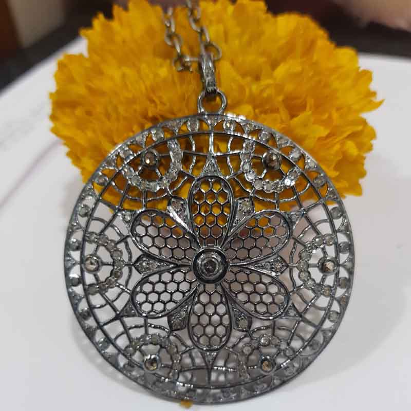 Handmade Designer Pave Diamond Flower Style Round Pendent