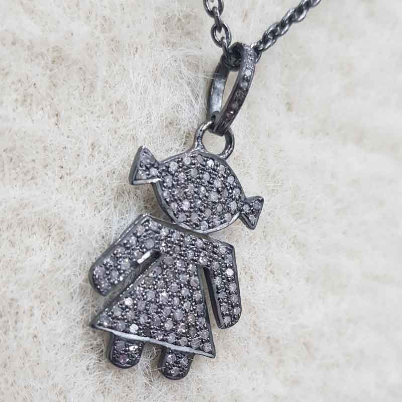 Beautiful Little Girl With Fully Pave Diamond Setting Silver Pendent