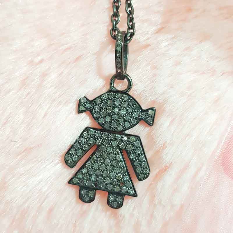 Beautiful Little Girl With Fully Pave Diamond Setting Silver Pendent