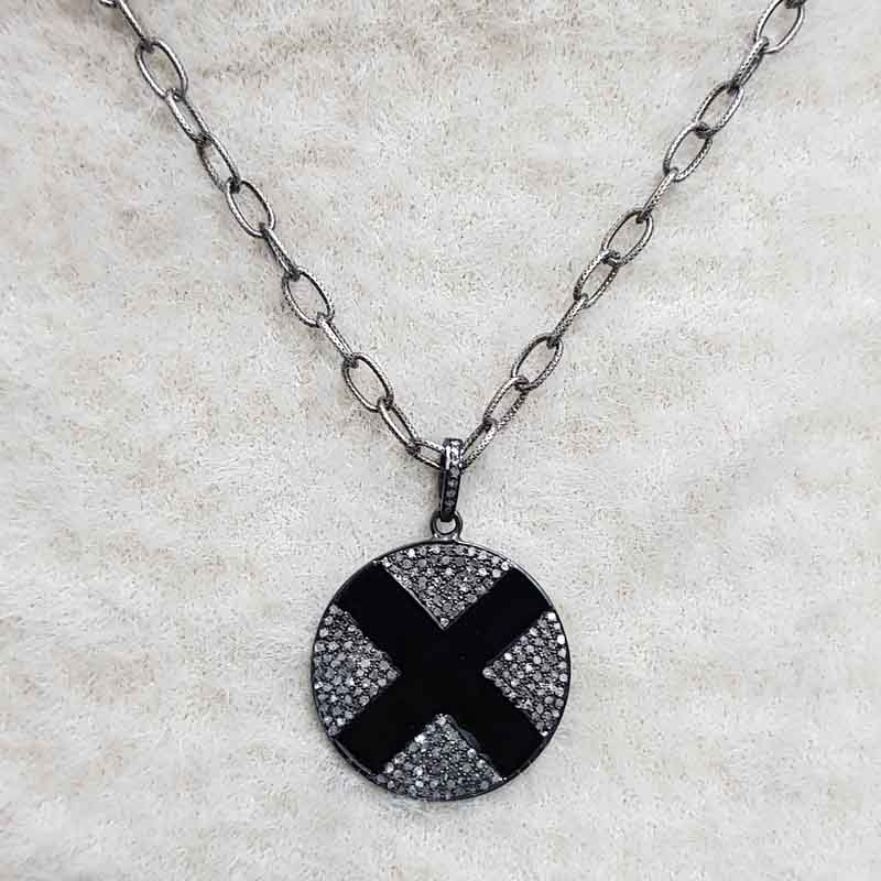 Black Enamel 925 Sterling Silver Cross Tag Pendent