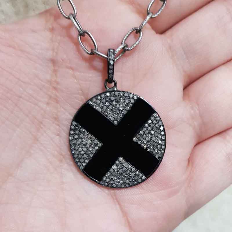 Black Enamel 925 Sterling Silver Cross Tag Pendent