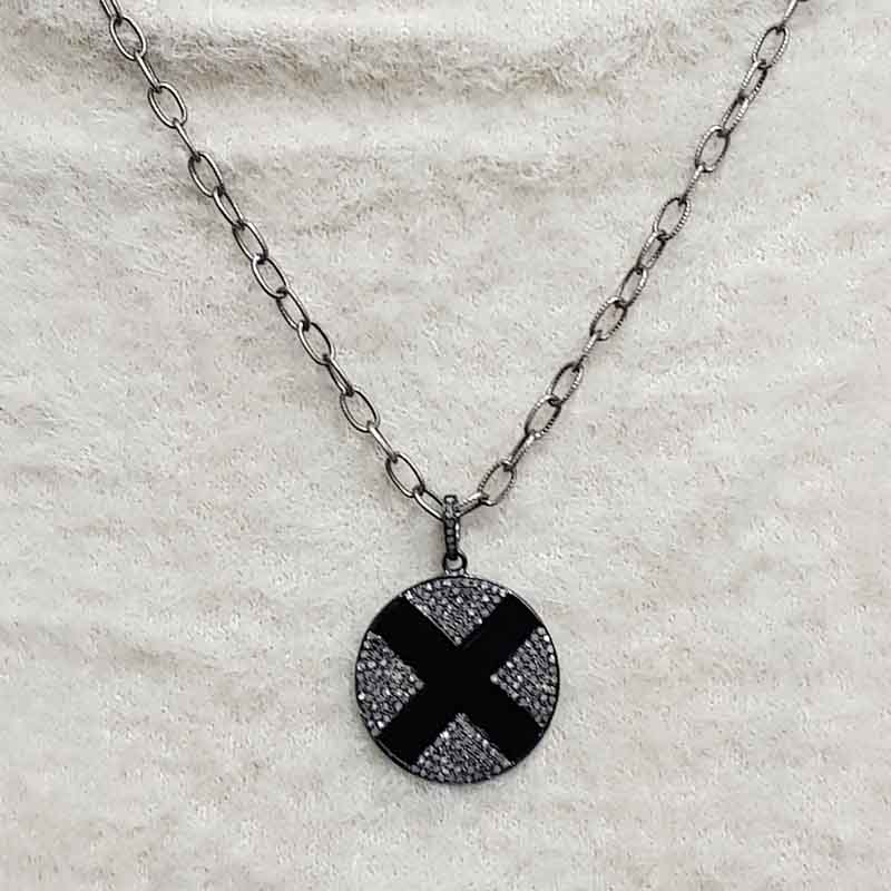 Black Enamel 925 Sterling Silver Cross Tag Pendent