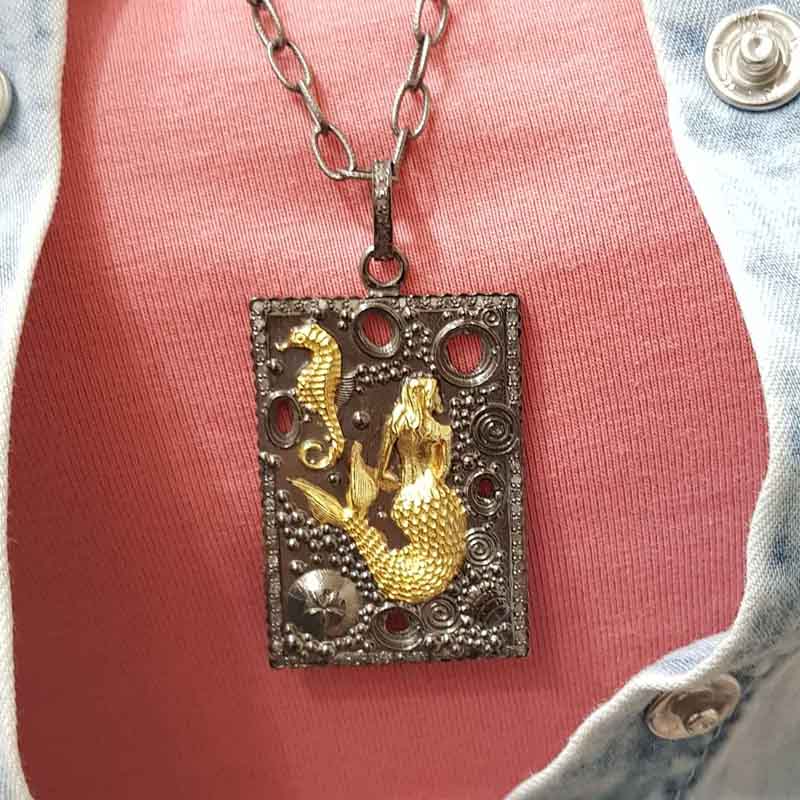 Designer Pave Diamond Yellow & Black Mermaid & Horse fish Pendent