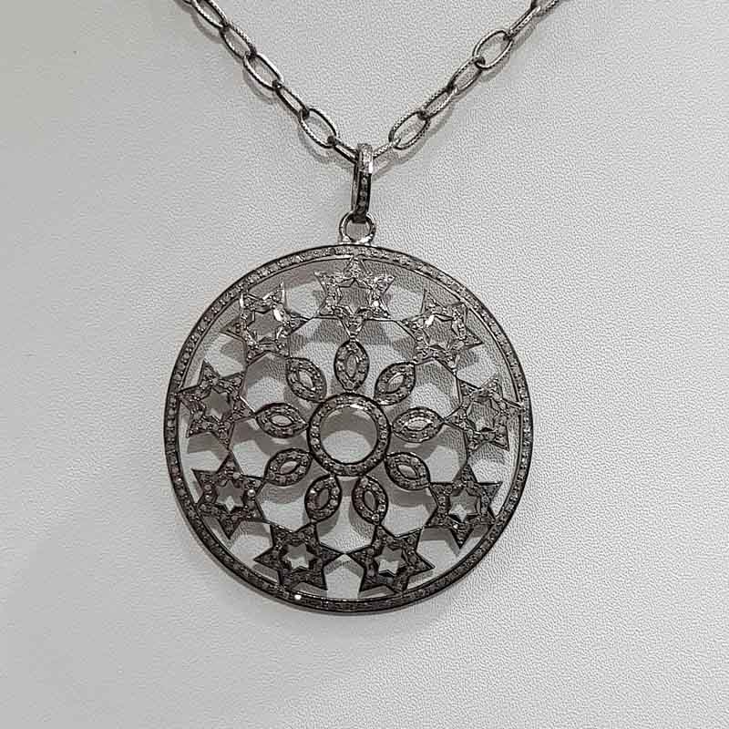 Handmade Designer Fully Pave Diamond Flower With Small Stars Pendent