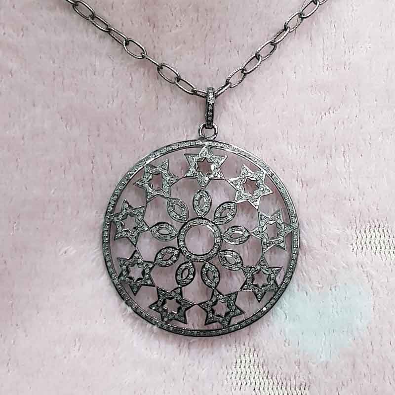 Handmade Designer Fully Pave Diamond Flower With Small Stars Pendent